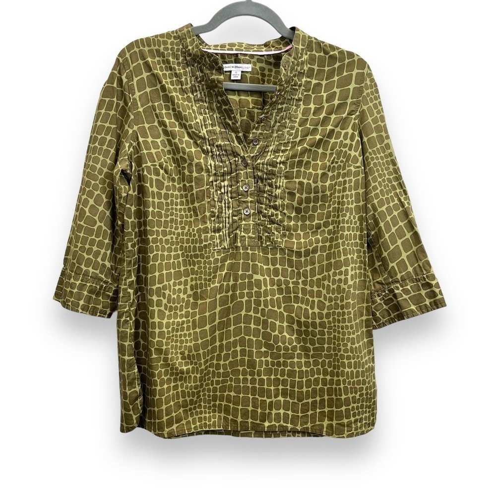 Isaac Mizrah Top Womens Small Green Cotton Giraffe Print Tunic Pleated Collar